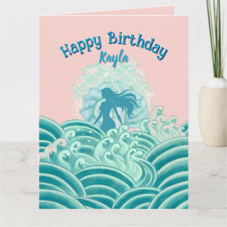 Carte Sirène Rose Turquoise Vagues de l'Océan Fête d'Ann