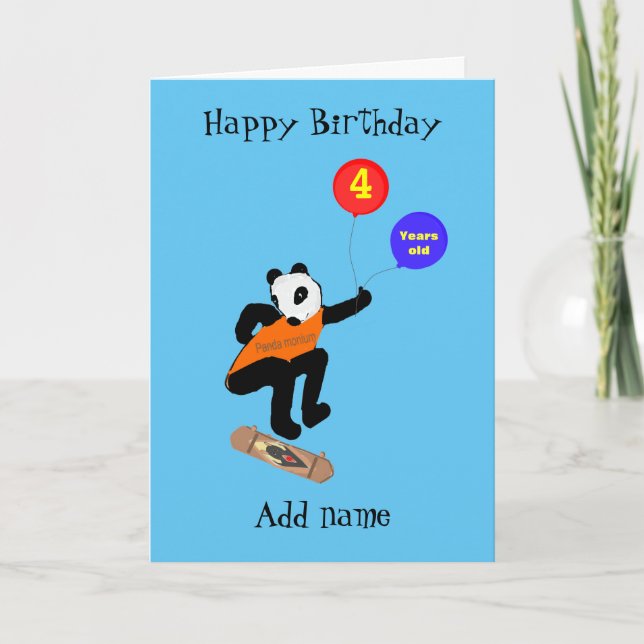 Carte Skateboard Panda Quatre Ans Anniversaire (Devant)