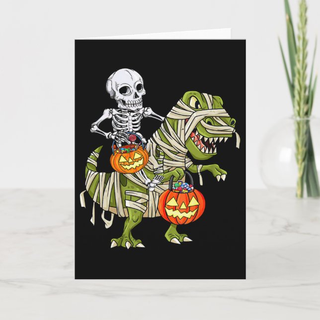 Carte Skeleton Riding Mummy Dinosaur T Rex Halloween Fun (Devant)