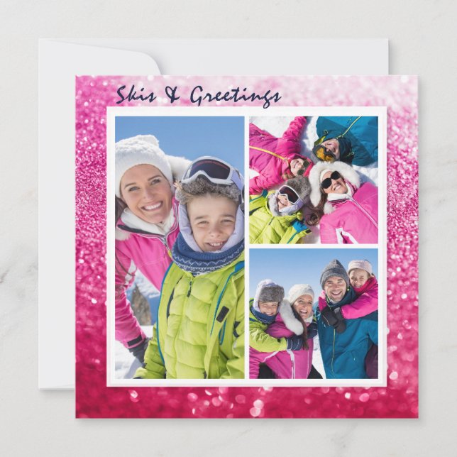 Carte Skis et voeux Noël Chic Parties scintillant 3 Phot (Devant)