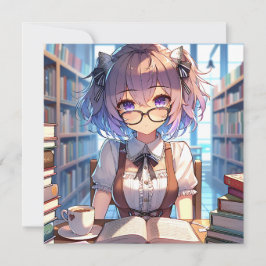 Carte Smart Anime Girl in Library Reading Books