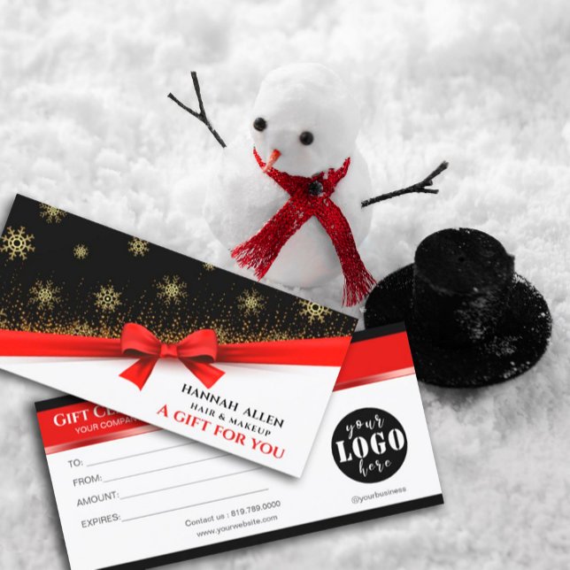 Carte Snowflake hiver Satin ruban rouge certificat cadea (#zazzlemade #customervoucher #BusinessChristmasHoliday #HolidayThankYouCard #SatinRibbonRed #salon )