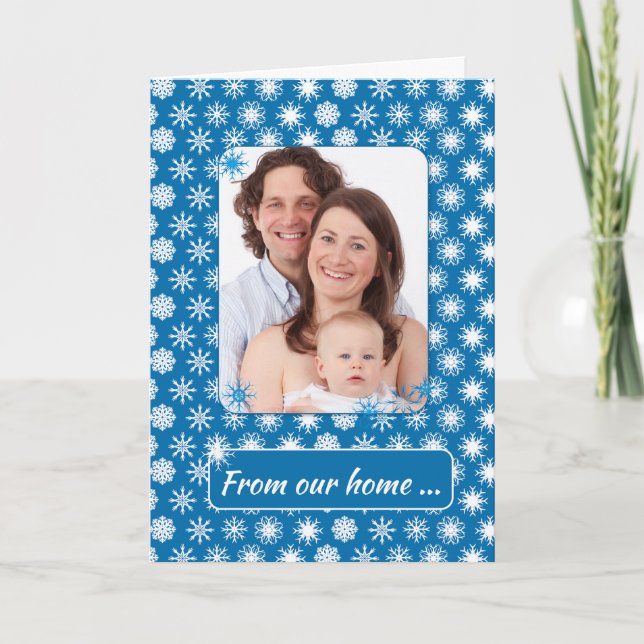 Carte Snowflakes sur Blue, Photo Holiday de Our Home (Devant)
