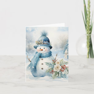 Carte Snowman Bleu Casquette Écarf Neige Arbres couverts
