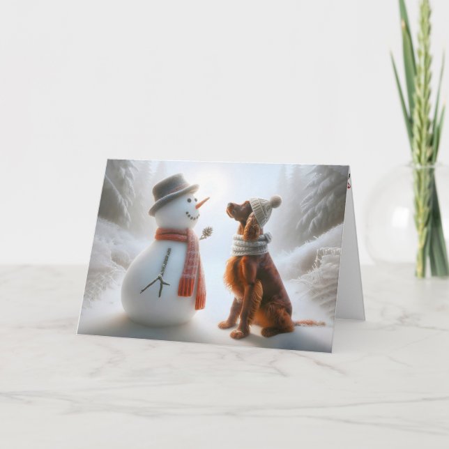 Carte Snowman de Noël avec chien de couture irlandais (Devant)