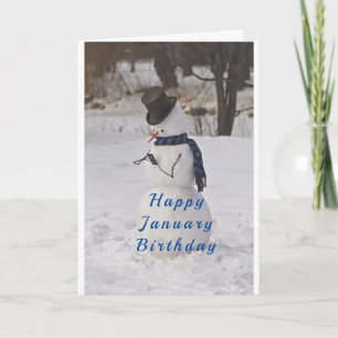 CARTE SNOWMAN DIT **HEUREUX JANVIER ANNIVERSAIRE**