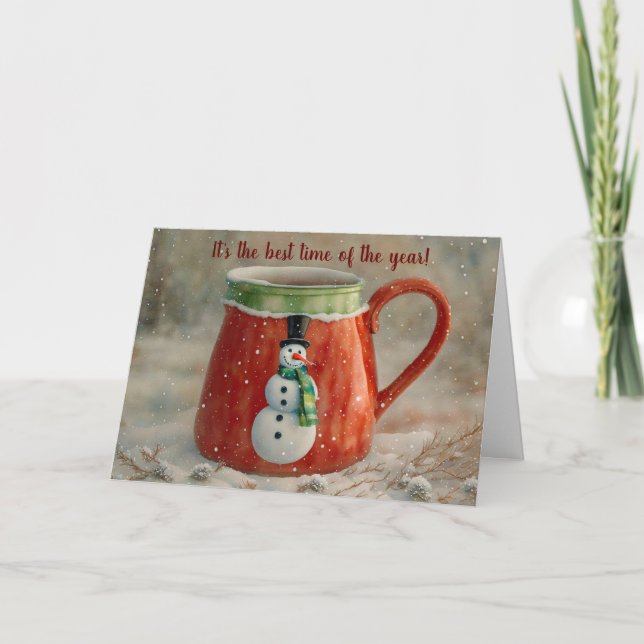 Carte Snowman Mug amusant Whimsical Christmas Card (Devant)