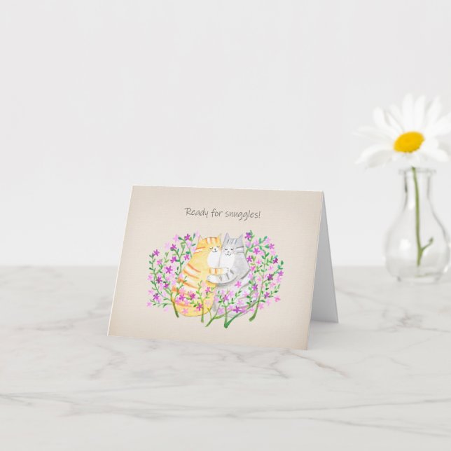 Carte Snuggling Cats in Floral Garden Cute I Love You (Petite plante)