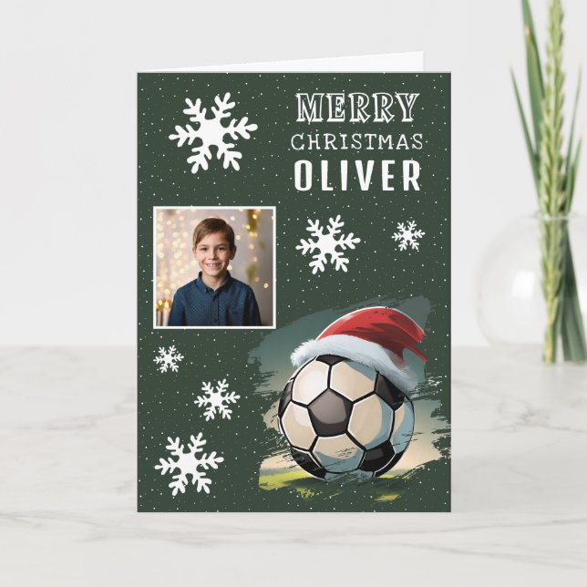 Carte Soccer Ball Santa Hat Kids Photo Christmas (Devant)