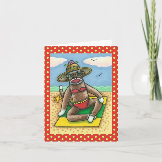 Carte SOCK MONKEY RED BIKINI, AU CARTOON DE PLAGE Drôle (Devant)