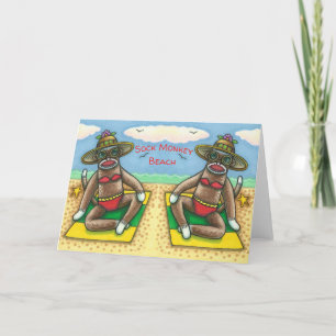 Carte SOCK MONKEY RED BIKINI, AU CARTOON DE PLAGE Drôle