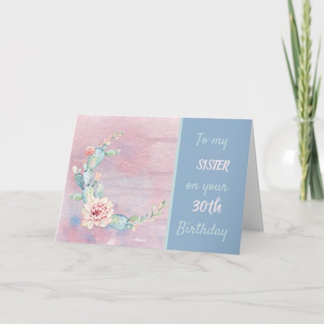 Carte Soeur 30e anniversaire aquarelle Cactus (Devant)