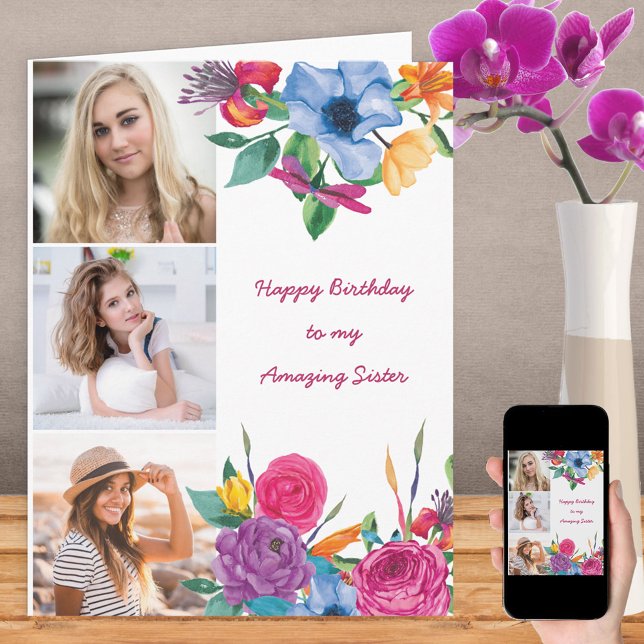 Carte Soeur 3 Photo Aquarelle brillante Florale Annivers (Créateur téléchargé)