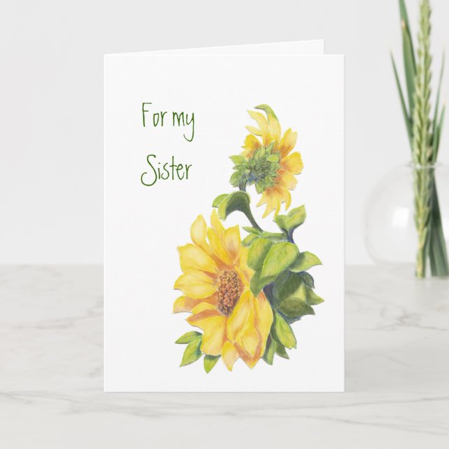 Carte Soeur d'anniversaire, Fleurs de soleil aquarelle,  (Devant)