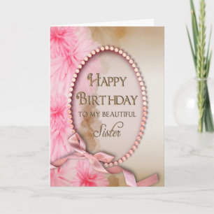 Carte Soeur d'anniversaire - Perles roses - Floral
