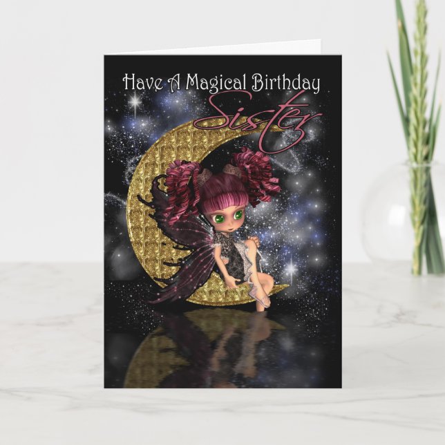 Carte Soeur Magique Anniversaire mignonne petite lune fé (Devant)