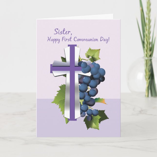 Carte Soeur Première Sainte Communion, Violet et Argent  (Devant)