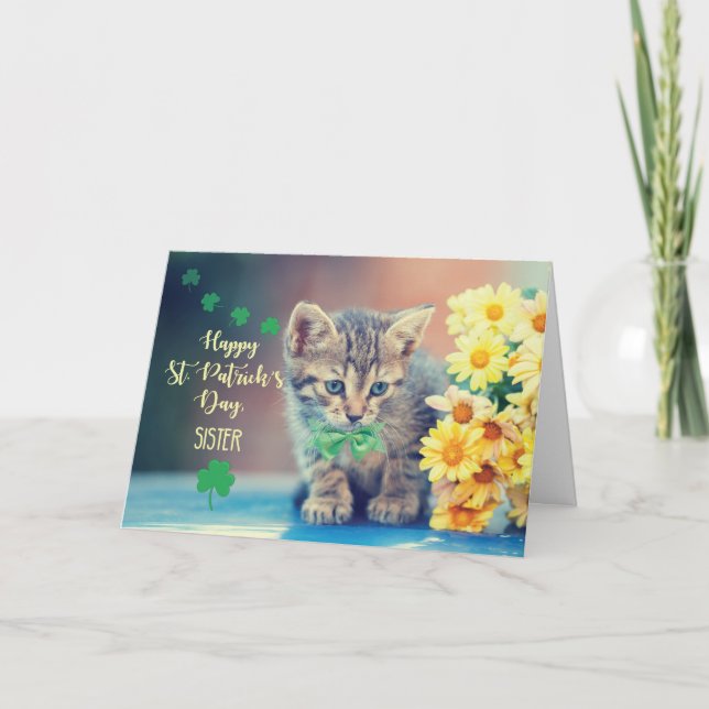 Carte Soeur Saint Patrick’s Day Kitten avec marguerites  (Devant)
