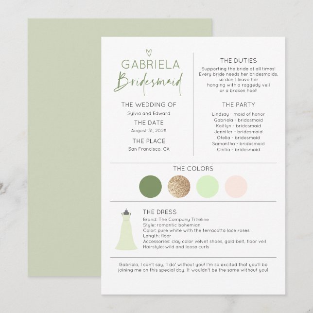 Carte Soft Green Bridesmaid Proposition & Information (Devant / Derrière)