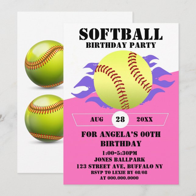 Carte Soirée d'anniversaire de softball Fire (Devant / Derrière)