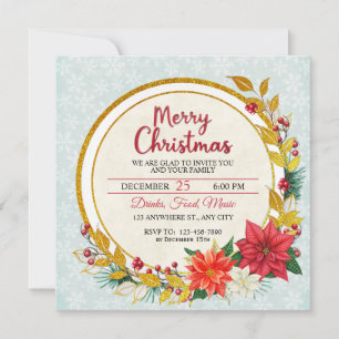 Carte Soirée de Noël Élégant Or & Poinsettia