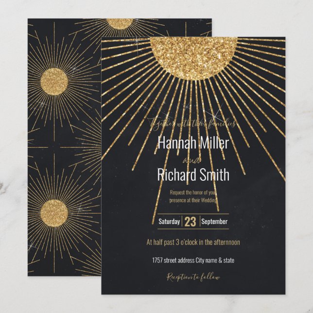 Carte Soleil brillant d'or noir moderne (Devant / Derrière)