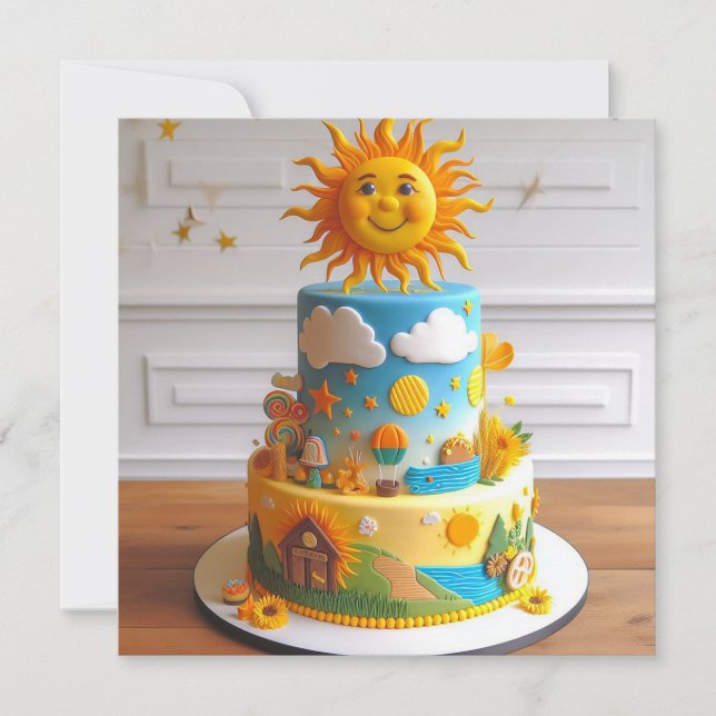 CARTE SOLEIL DÉCORÉ À THÈME GÂTEAU D'ANNIVERSAIRE DÉCORÉ (Devant)