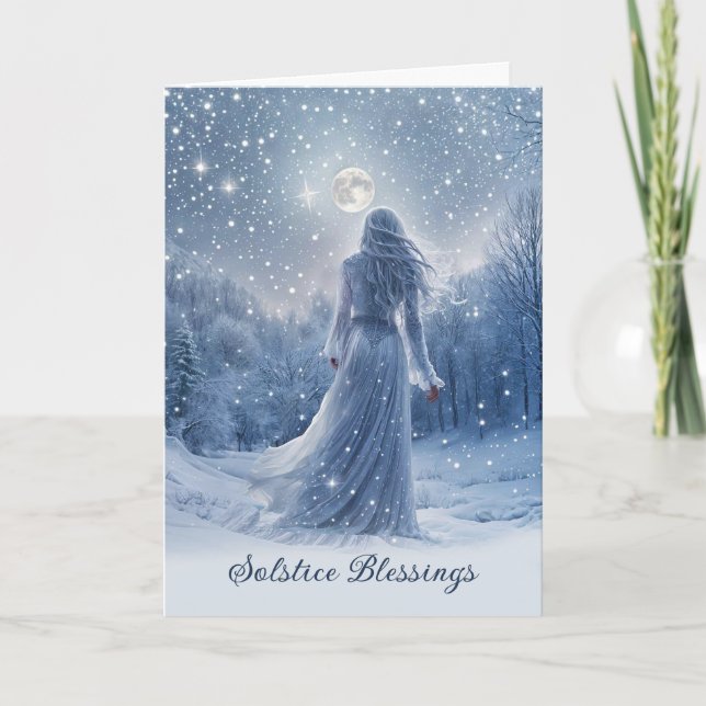 Carte Solstice d'hiver Yule Neige et Lune Étoiles Bénédi (Devant)