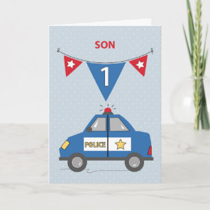 Carte Son 1er anniversaire voiture de police bleue