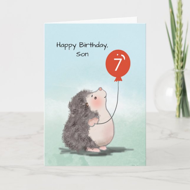 Carte Son 7e anniversaire mignon Hérisson avec ballon (Devant)