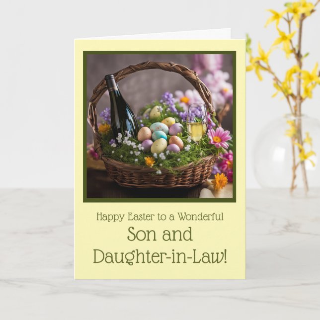 Carte Son and Daughter in Law Happy Easter Wine Funny (Fleur jaune)
