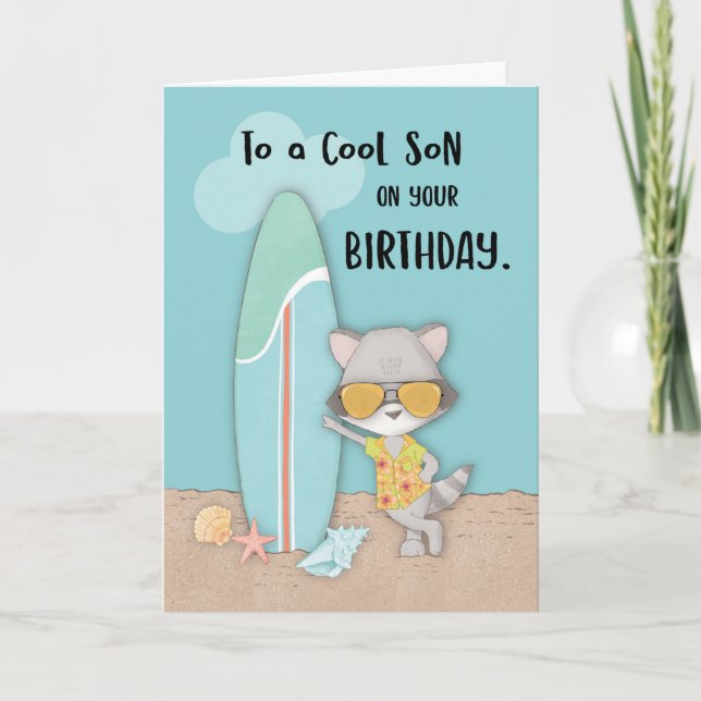 Carte Son Birthday Beach Cool Raccoon en lunettes de sol (Devant)