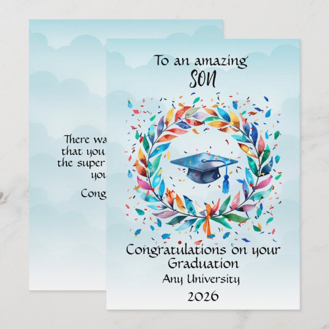 Carte Son Graduation Cap and Rainbow Leaf Frame (Devant / Derrière)
