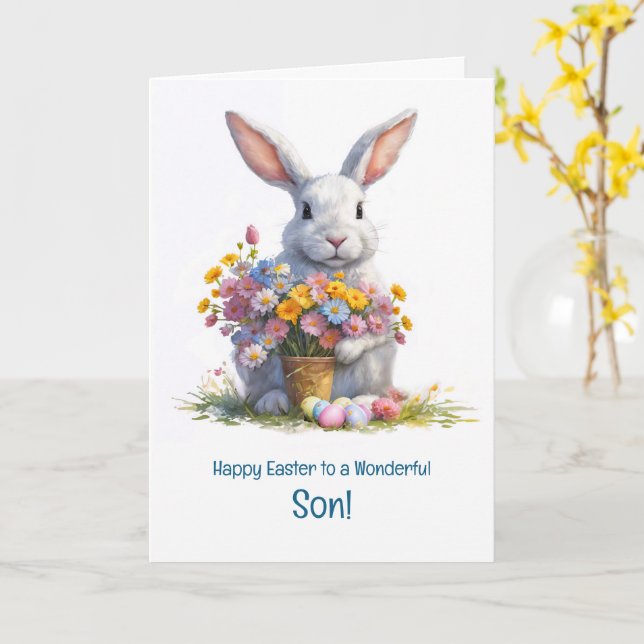 Carte Son Happy Easter Cute Bunny Rabbit and Easter  (Fleur jaune)