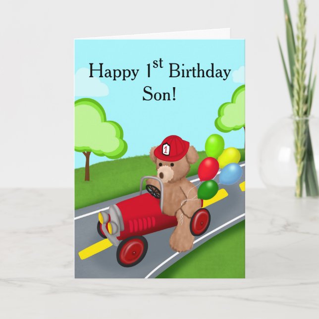 Carte Son Joyeux 1er anniversaire Teddy Bear dans Firetr (Devant)
