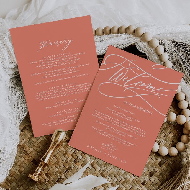 Carte SOPHIA Bright Coral Mariage Bienvenue et itinérair (SOPHIA Bright Coral Wedding Welcome and Itinerary Cards)