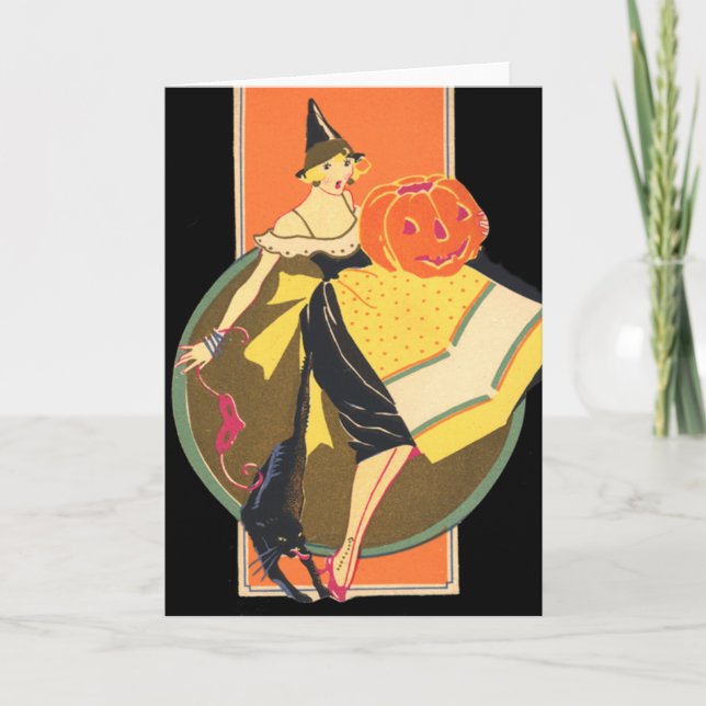 Carte Sorcière Art Déco Jack-o'-lantern Citrouille Chat  (Devant)