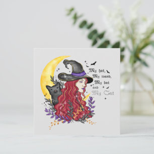 Carte Sorcière avec chat noir et lune de croissant