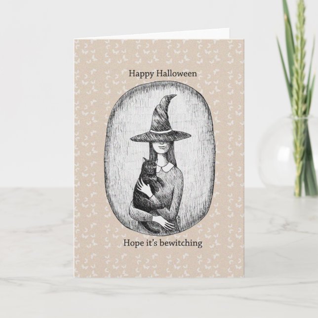 Carte Sorcière avec chat noir Retro Classic Halloween (Devant)