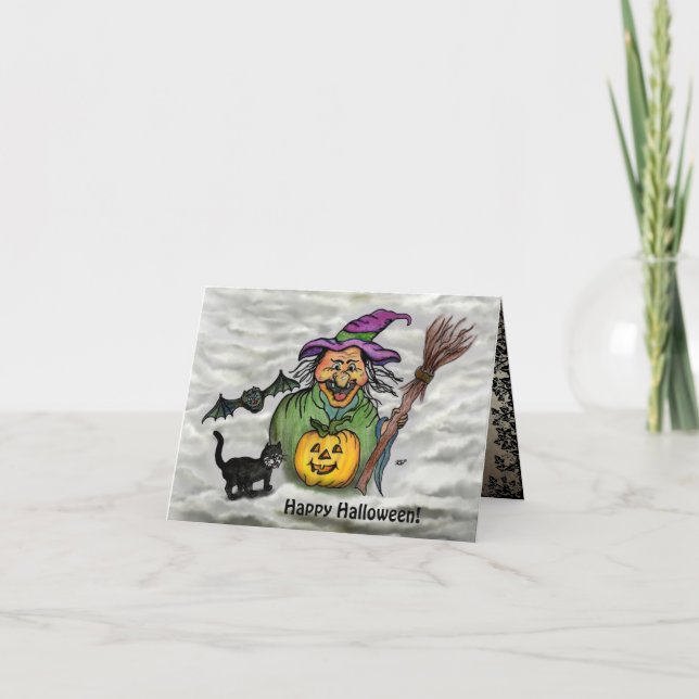 Carte Sorcière, Chat, Chauve-souris et Citrouille, Bonne (Devant)