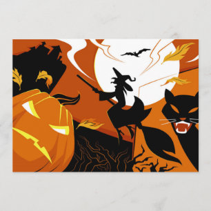 Carte Sorcière, chauves-souris et citrouilles heureux de