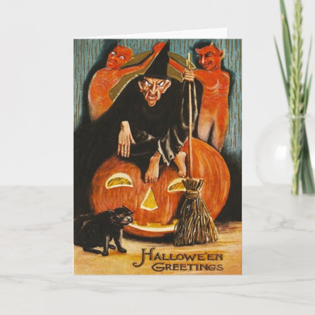 Carte Sorcière Citrouille Diable Démon Chat Noir (Devant)