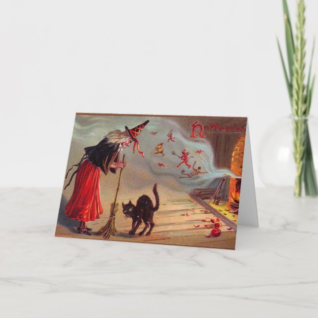 Carte Sorcière de Halloween et chat noir (Devant)