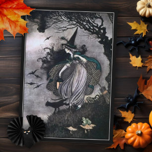Carte Sorcière d'Halloween avec chat et chauves-souris n