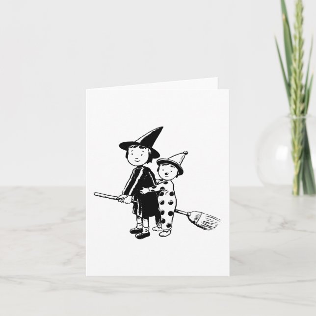 Carte Sorcière d'Halloween et clown chevauchant un balai (Devant)