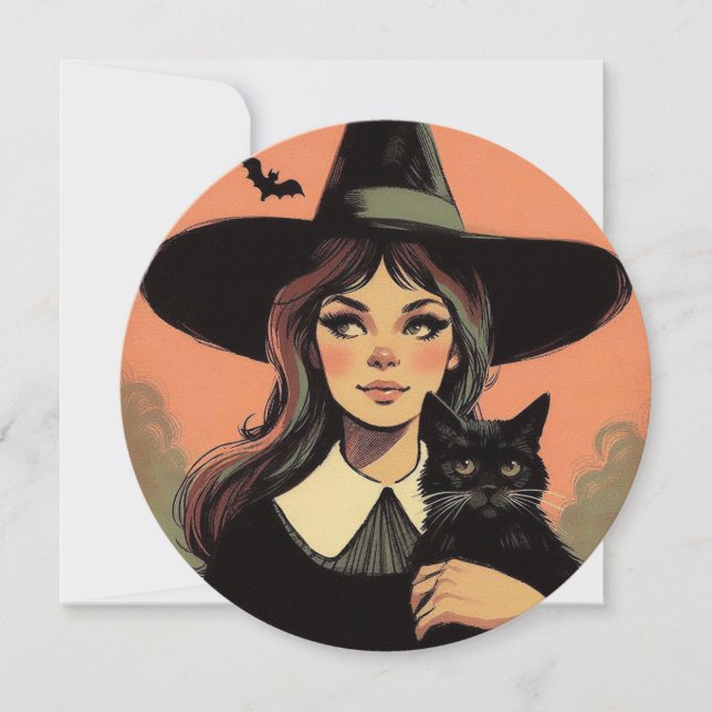 Carte Sorcière d'Halloween rétro avec chat noir (Devant)