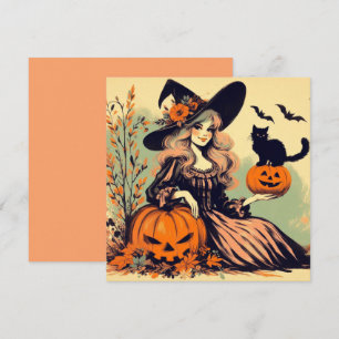 Carte Sorcière d'Halloween rétro avec chat noir et Citro