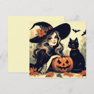 Carte Sorcière d'Halloween rétro avec chat noir et Citro