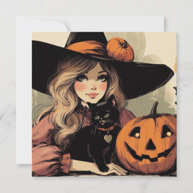 Carte Sorcière d'Halloween rétro avec chat noir et Citro (Devant)