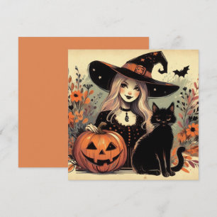 Carte Sorcière d'Halloween rétro avec chat noir et Citro